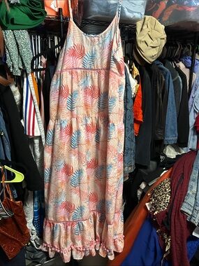 Sleeveless Tropical Leaf Maxi Dress in Coral, Blue & Cream